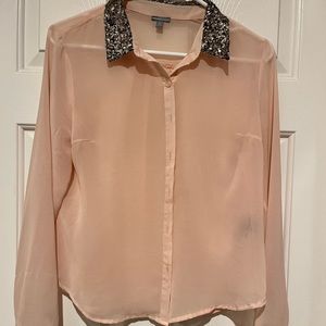 Button up sheer light pink long sleeve with gold sequins around collar.